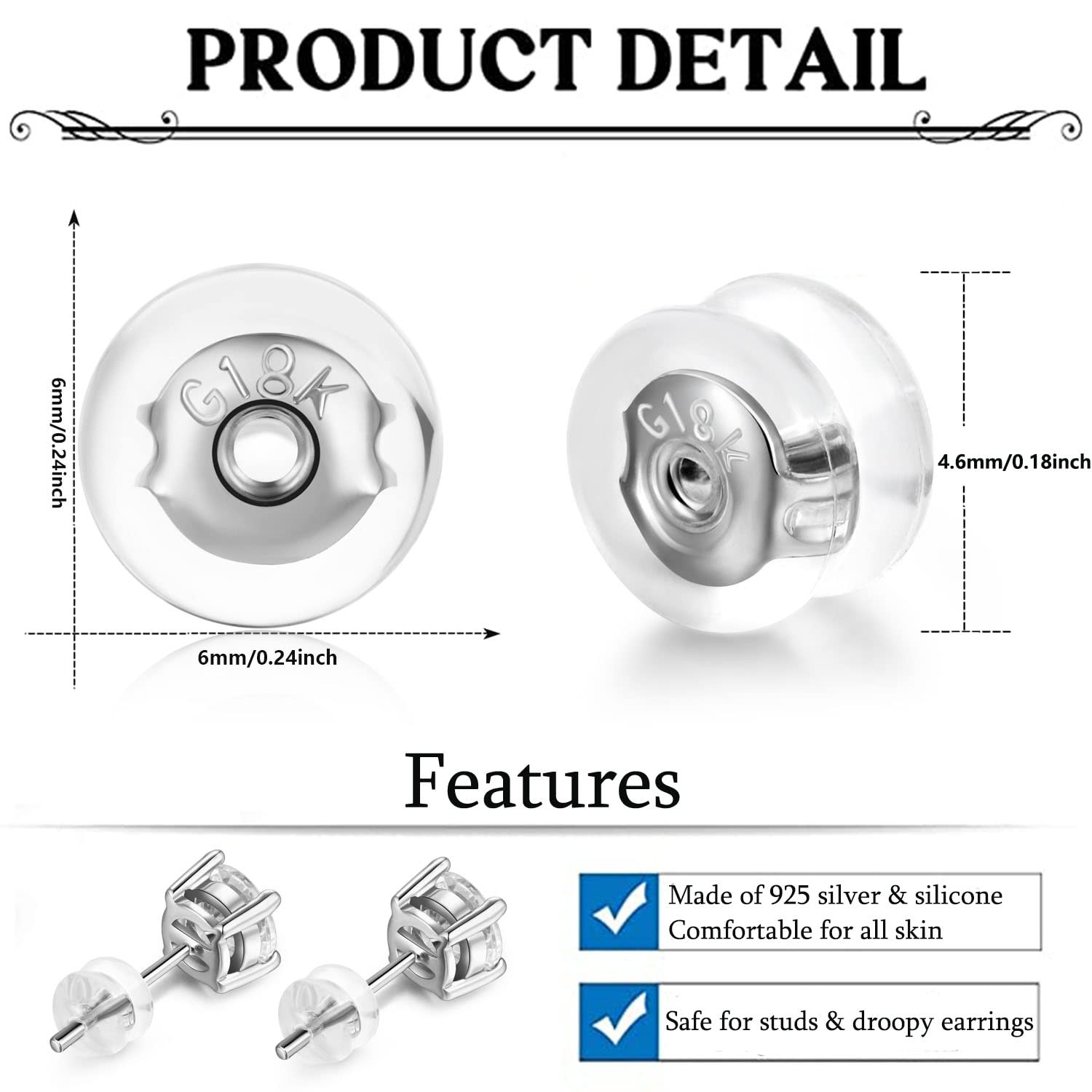 Earring Backs 18K Gold Locking Silicone Earring Backs Replacements for Studs/...