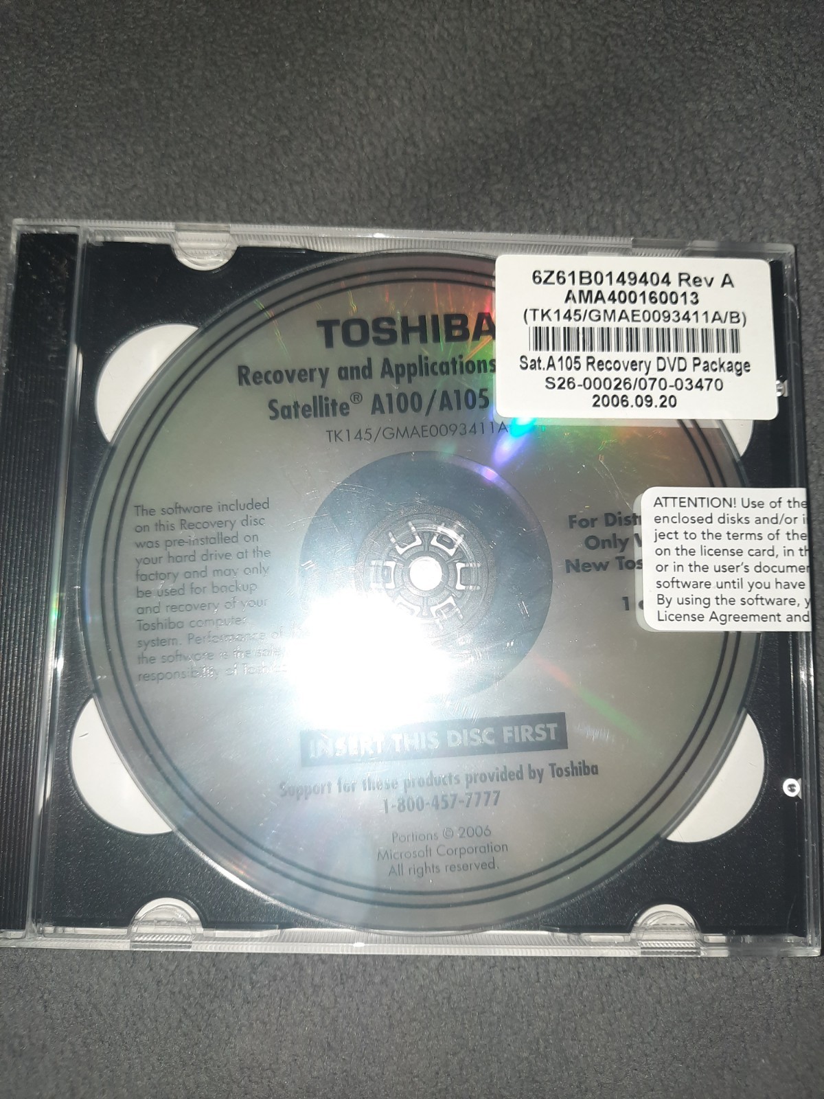 New Sealed Toshiba Satellite A100 / A105 Recovery and Applications Cd-rom