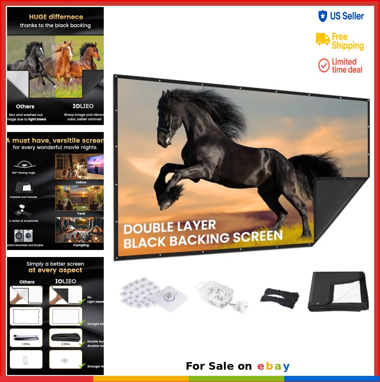 120 Inch Projector Screen 16:9 Portable Indoor Outdoor Movie Night White Black