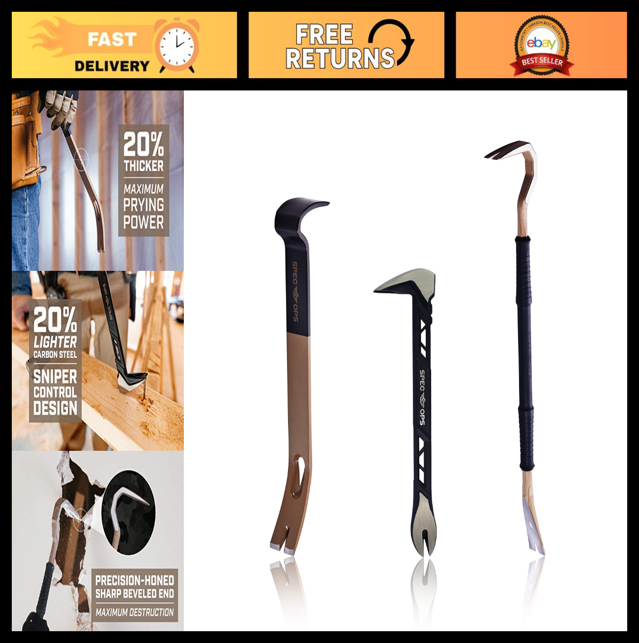 3-Piece Pry Bar Set - 10" Nail Puller, 15" Flat Bar, 30" Demolition Crowbar, Hea