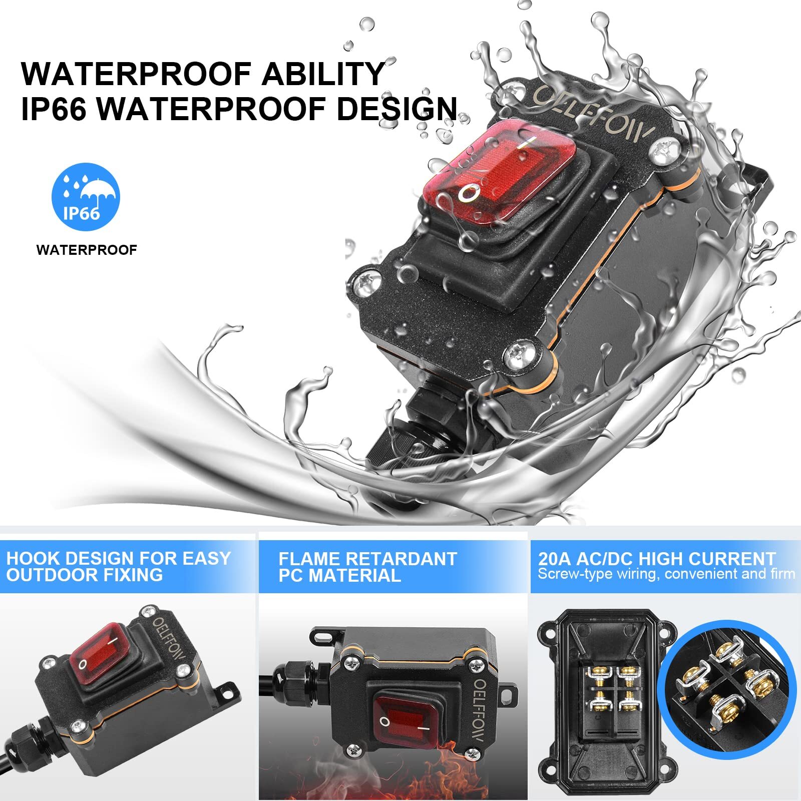 OELFFOW Waterproof On Off Toggle Switch with Red Light Rocker Button Inline C...