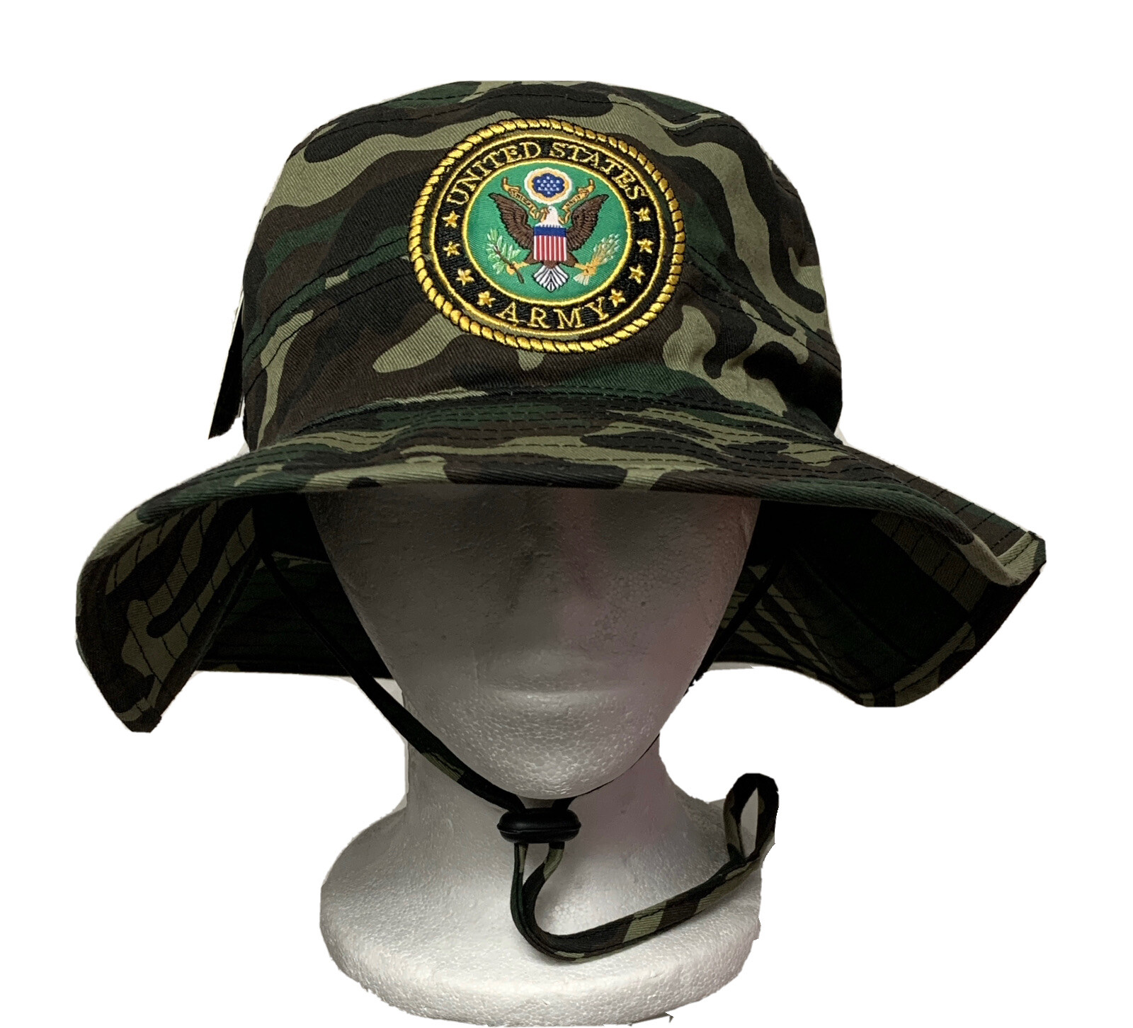 WOODLAND CAMO US ARMY INSIGNIA LOGO BOONIE OUTDOOR BUSH CAP BUCKET HAT S/M