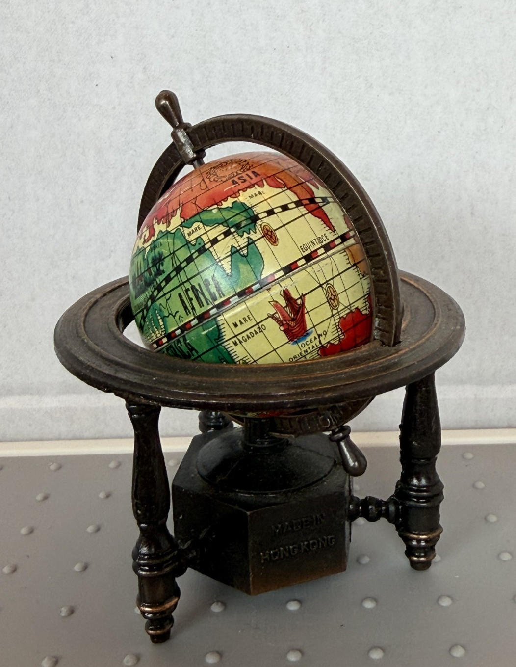 Vintage 70s Metal Colorful World Globe Pencil Sharpener Made in Hong Kong 3.25"