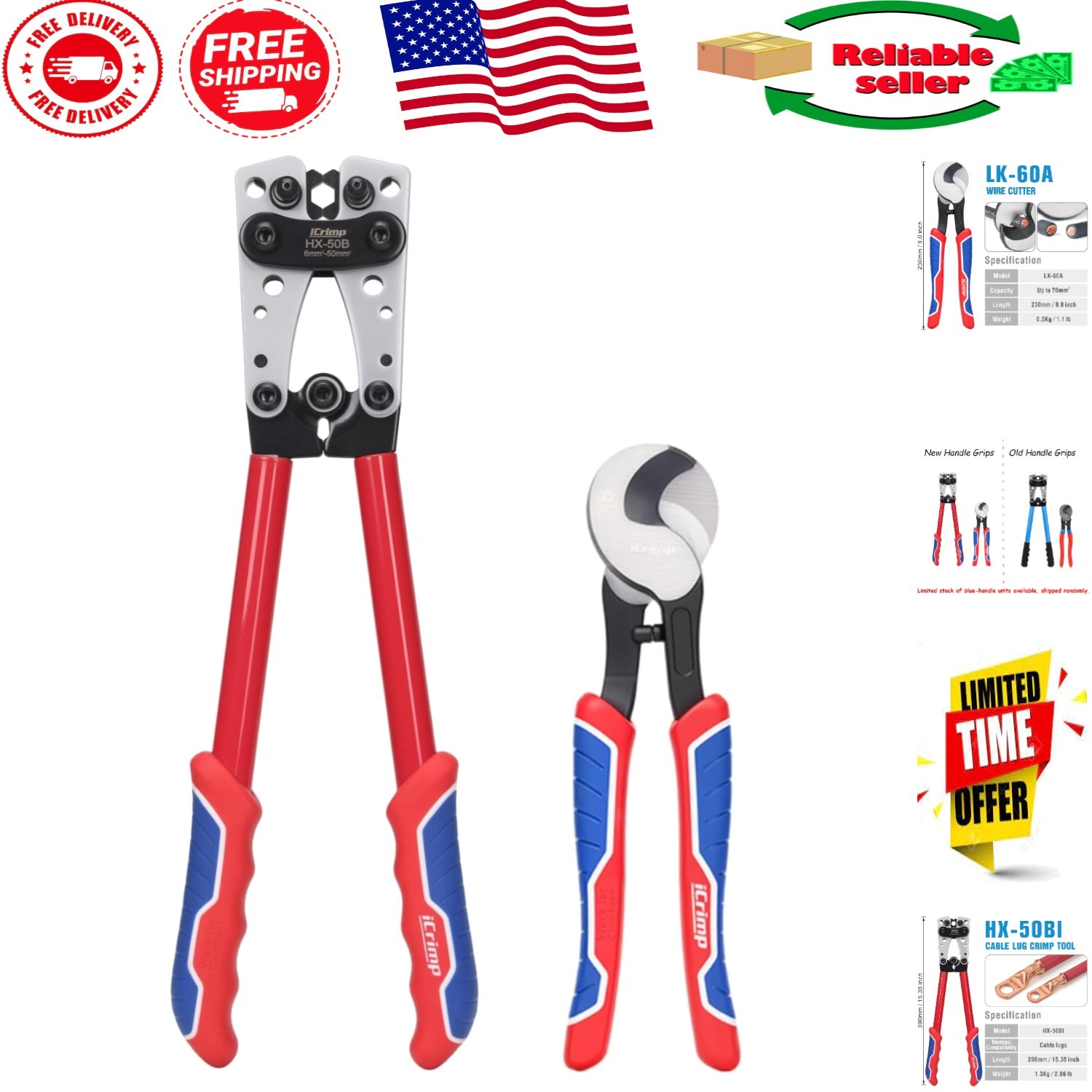 Heavy-Duty iCrimp 8-1/0 AWG Battery Cable Crimper with Ergonomic Handle & Cutter