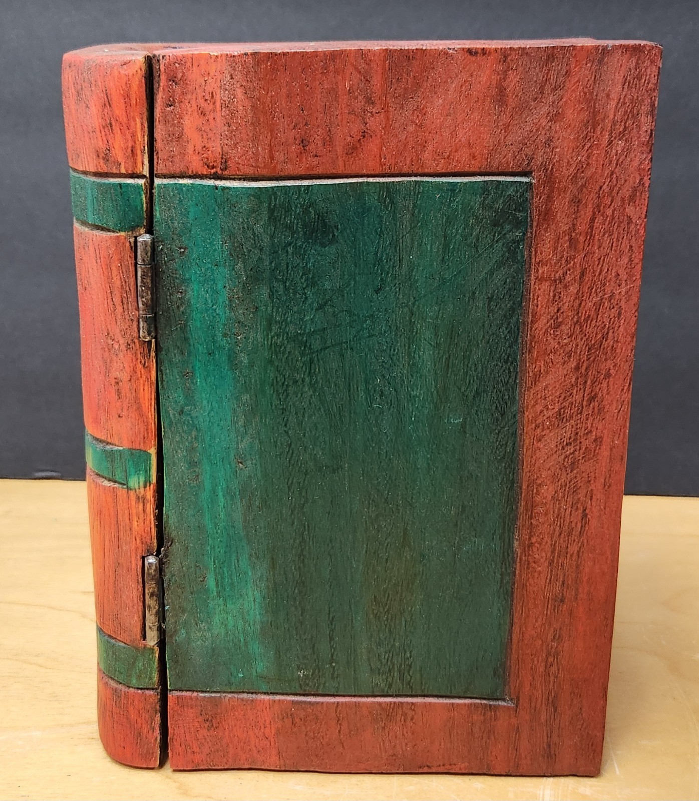 Vintage Wooden Faux Book Box Hidden Storage Secret Safe Distressed Red Green