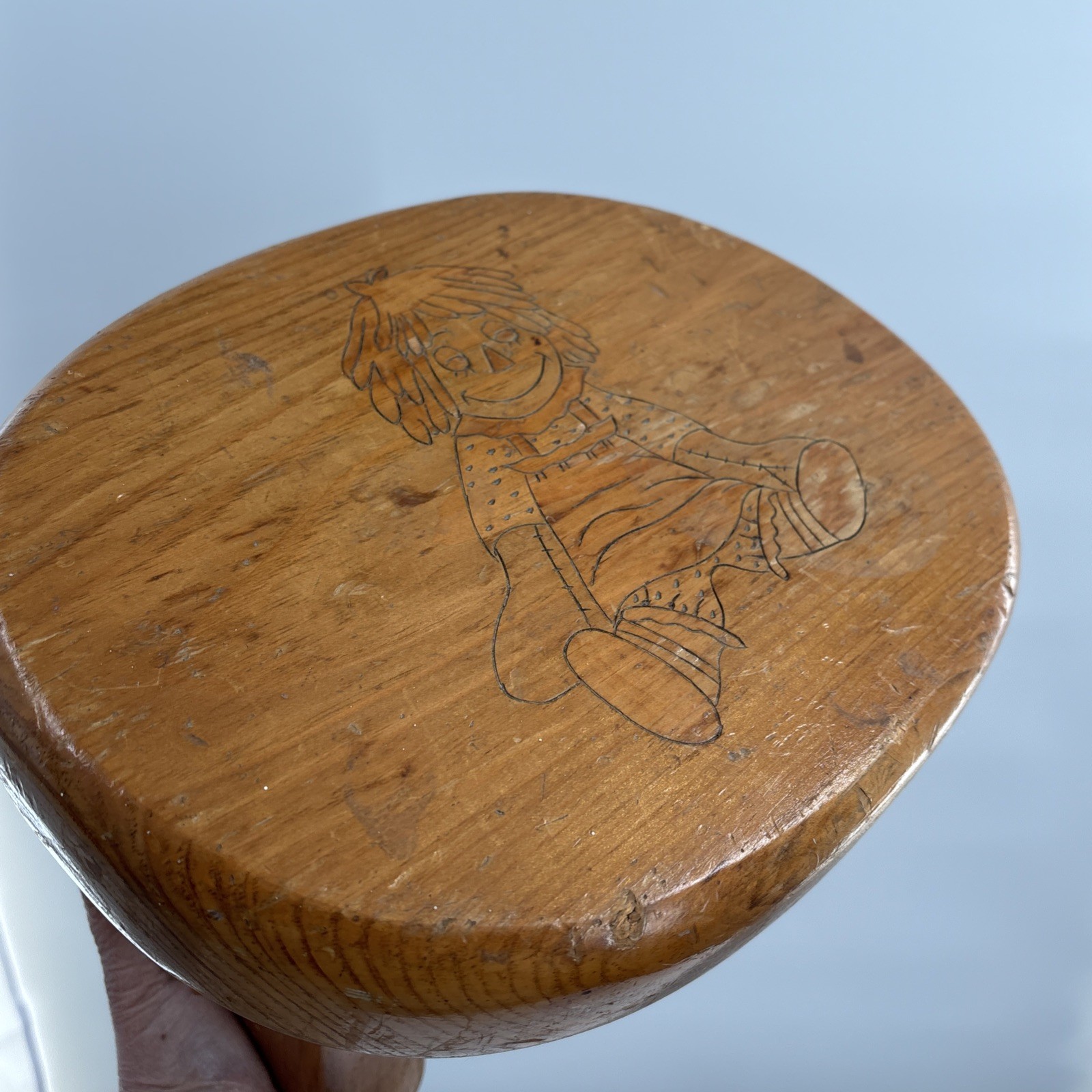 Handmade Wooden Child’s Step Stool Vintage Nursery Pyrography Raggedy Ann Chunky