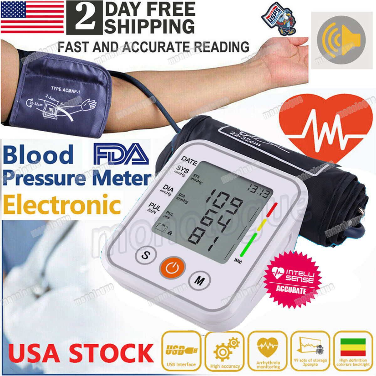 Digital Automatic Upper Arm Blood Pressure Monitor BP Cuff Machine Pulse Meter