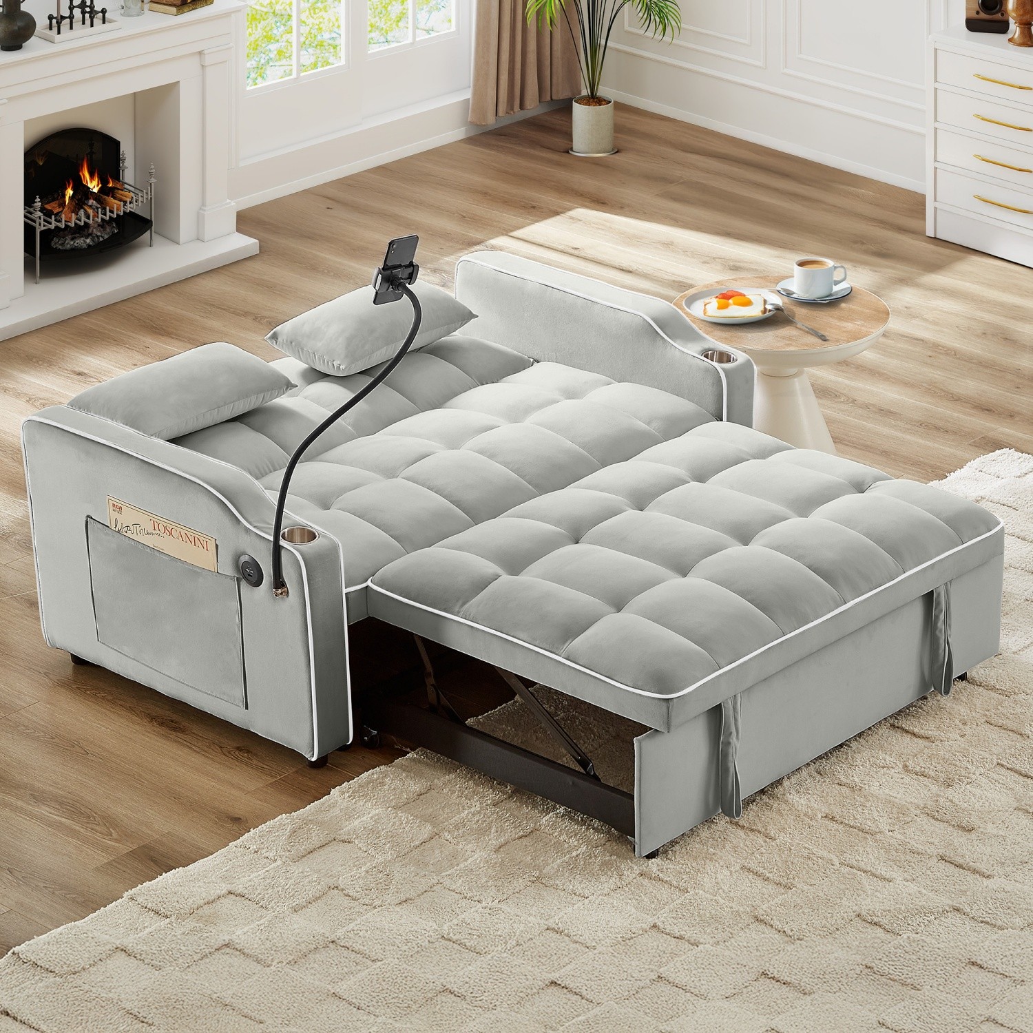 Convertible Velvet Sleeper Sofa Bed Loveseat Sofa w/ Pull-Out Bed & USB Ports