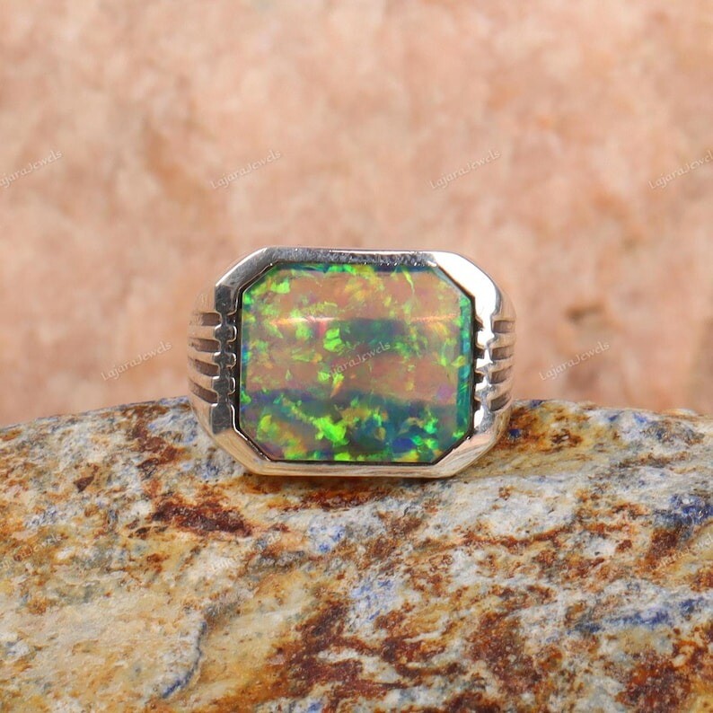 Rainbow Fire Opal Ring 925 Sterling Silver Men's Ring Men's Signet Ring Gifts