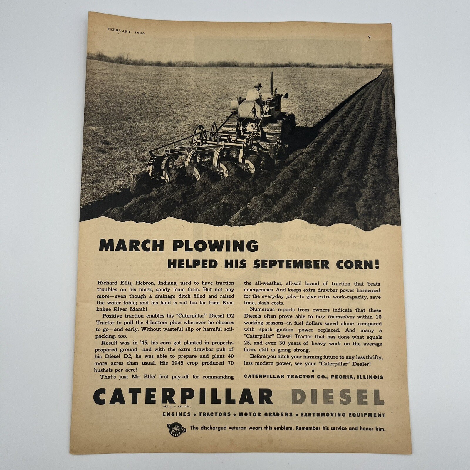 Caterpillar Diesel 1946 Vtg Print Ad 8x11 Plowing Farming Tractor Agriculture