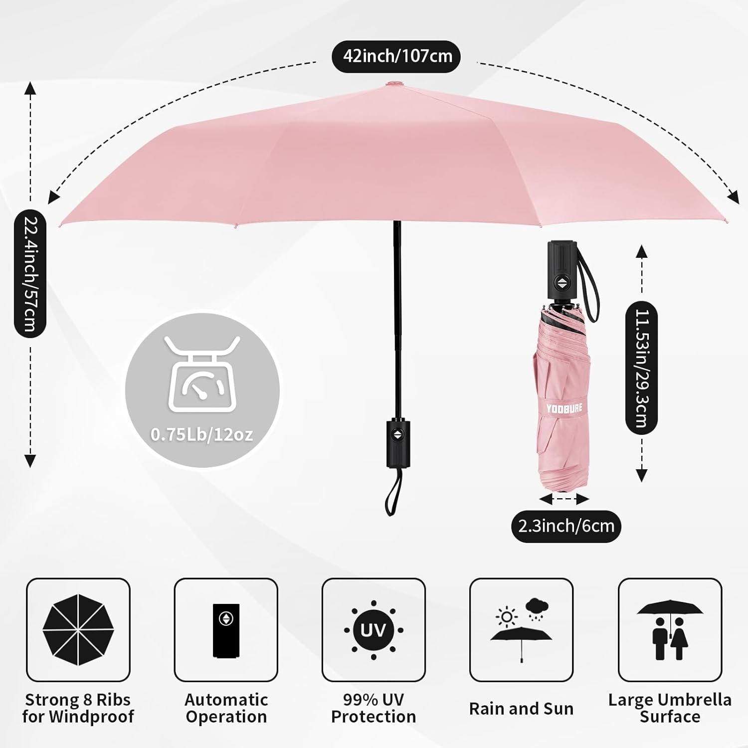 Yoobure Windproof Travel Umbrella - Automatic Umbrellas for Rain, Compact Foldin