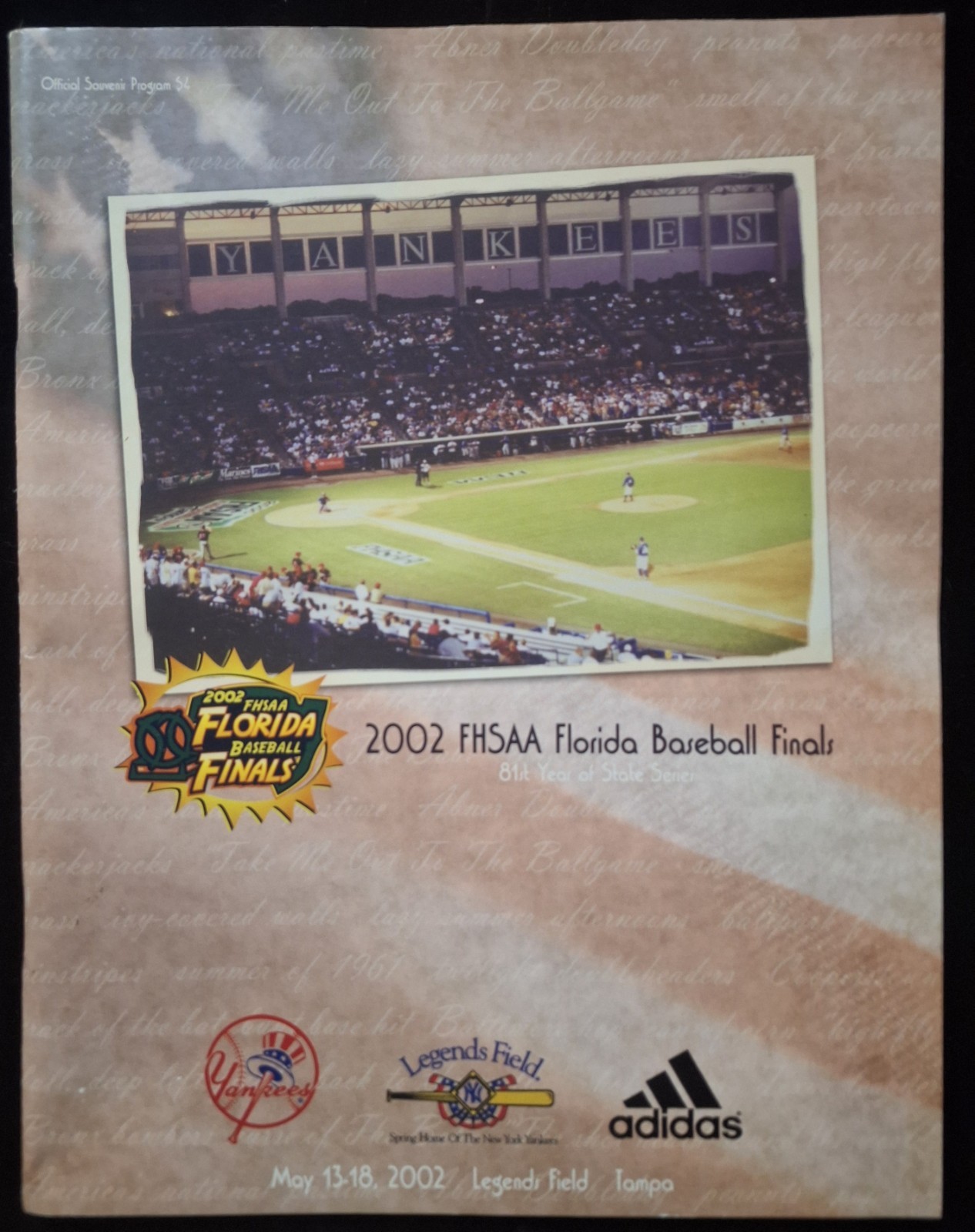2002 FHSAA Florida High School Baseball  81st Year Finals Program LEGENDS FIELD