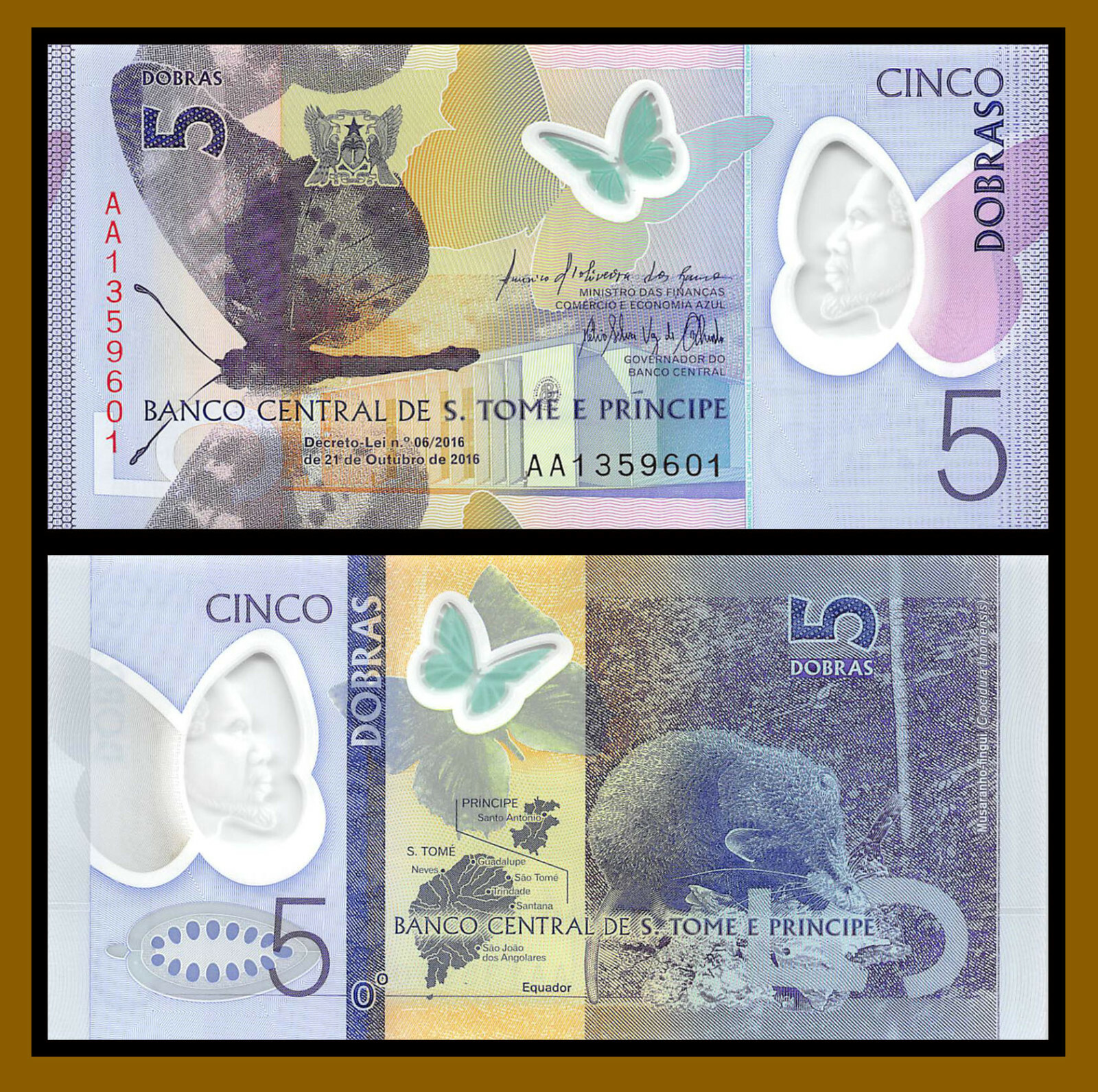 Saint Thomas & Prince 5 Dobras, 2016/ 2018 P-70 Prefix AA Butterfly Polymer Unc