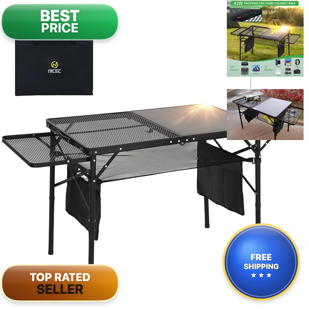 Nice C Camping Table with Solar Charger, Side Shelves, Mesh Net & Cup Holders