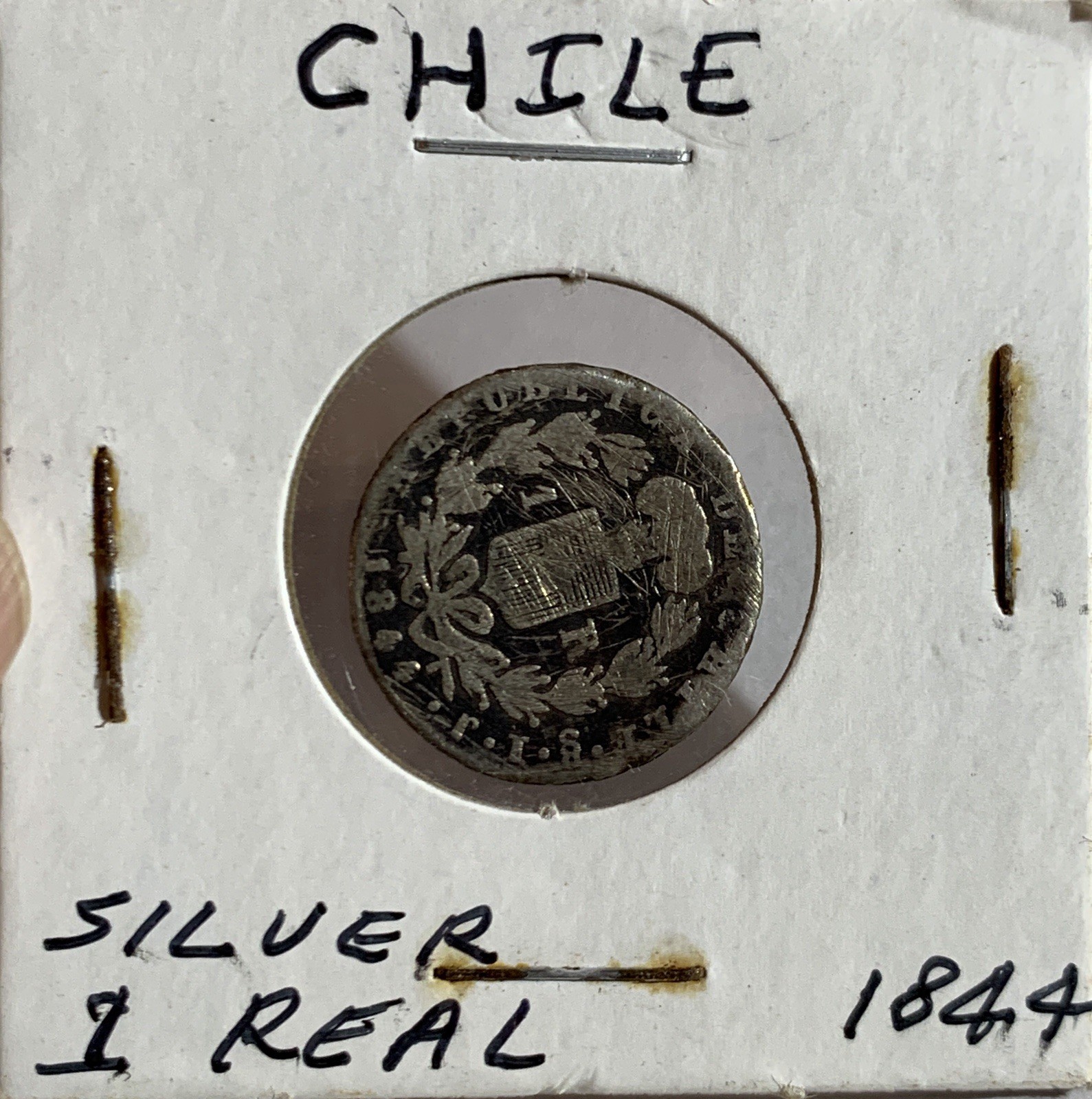 WORLD SILVER COIN: * 1844 CHILE 1 REAL, SCRATCHED *