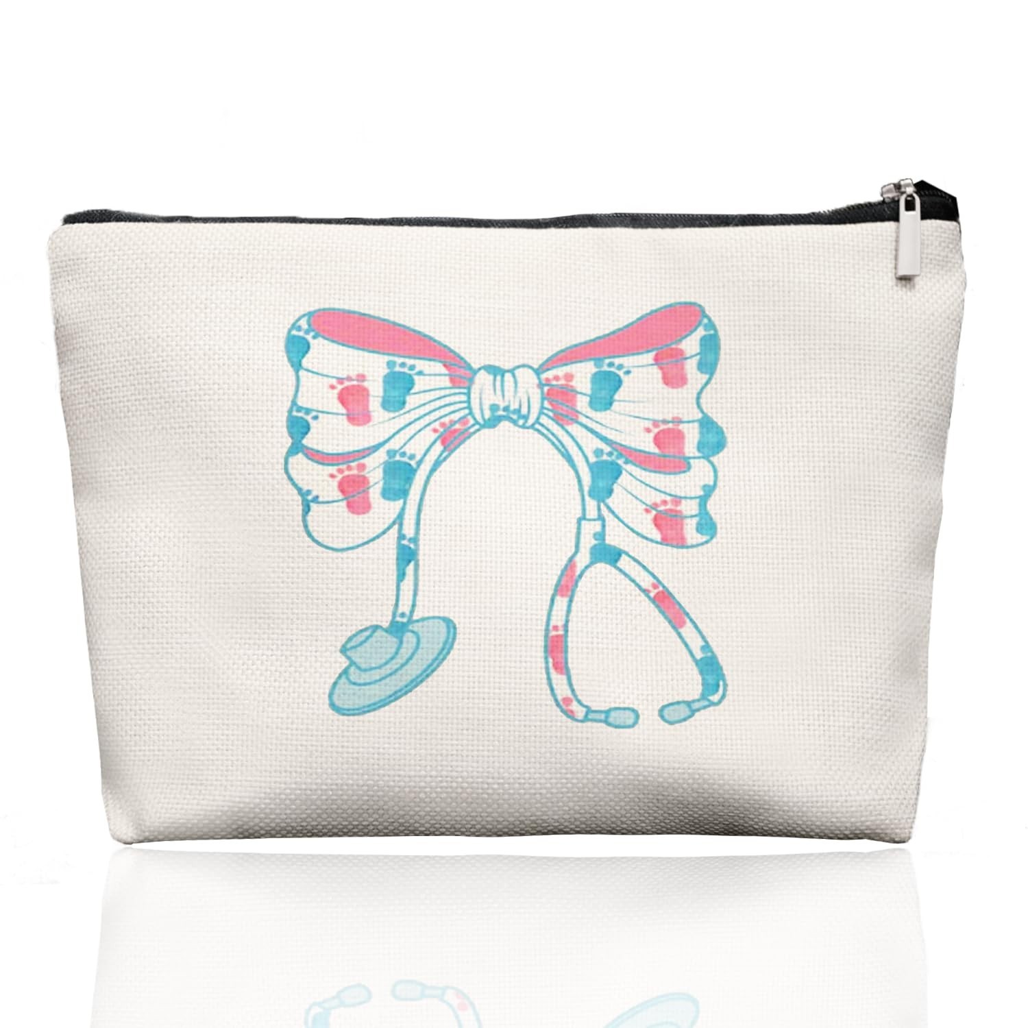 OB Nurse Bow Stethoscope Makeup Bag, Cute Baby Footprint Cosmetic Pouch, NICU...