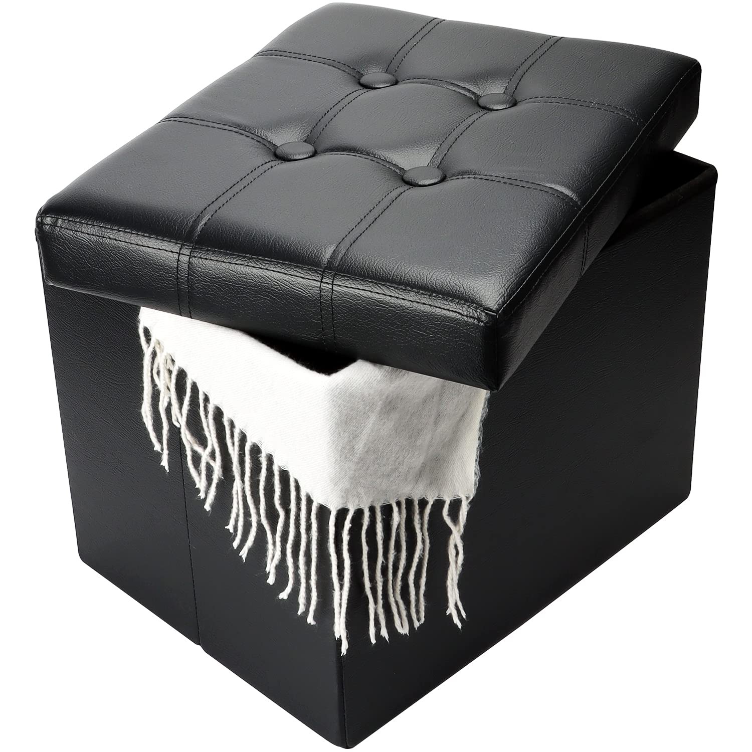Leather Storage Ottoman Bench Folding Foot Stool Black 17x13x13 Inch