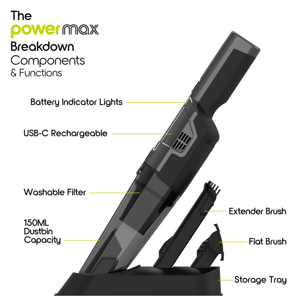 IonVac PowerMax Cordless Handheld Vacuum Cleaner USB Charging with Attachments