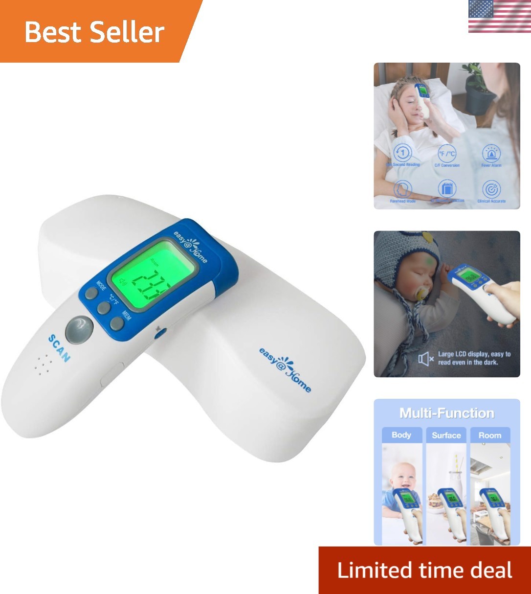 Hygienic Touch-Free Infrared Thermometer for Home & School Use - Color-Coded LCD