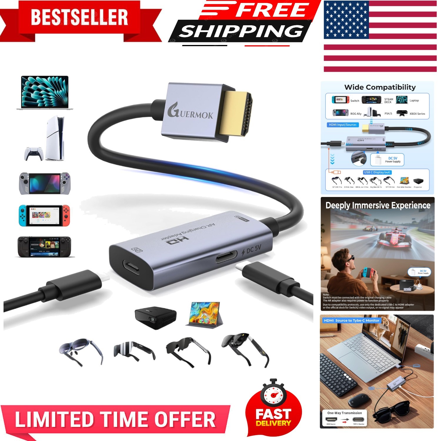 AR Glasses HDMI to USB-C Display Adapter, 4K@60Hz Play and Charge XR Converte...