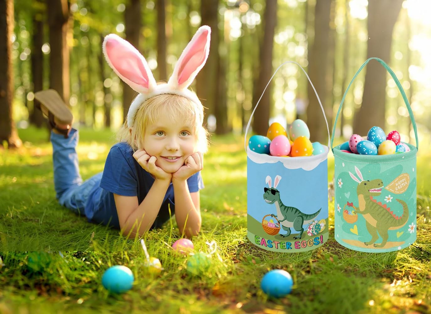 HKEC Dinosaur Easter Eggs Buckets,Gift Baskets with Handle,Cute Pattern Easte...