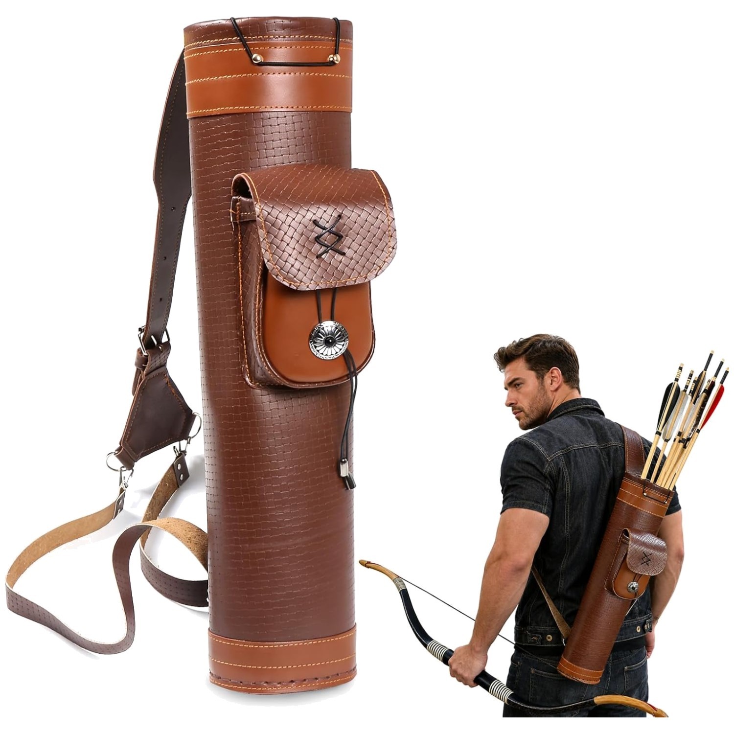 Handmade Leather Arrow Quiver with Large Pouch