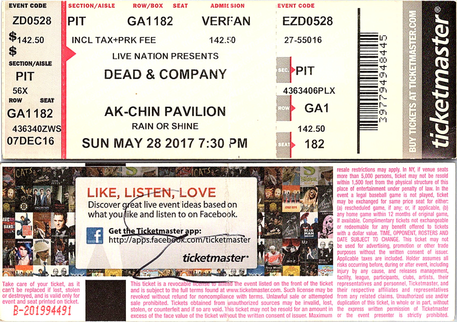 DEAD AND COMPANY FULL CONCERT TICKET, 5/28/2017, AK-CHIN PAVILION