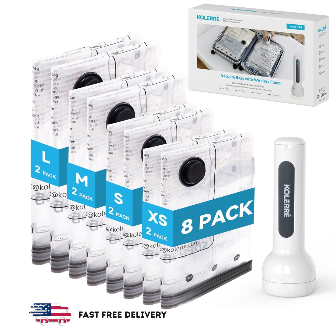 Travel Vacuum Bags with 2026 Lastest Wireless Pump, 8 Pack-4 Sizes Space Saver V