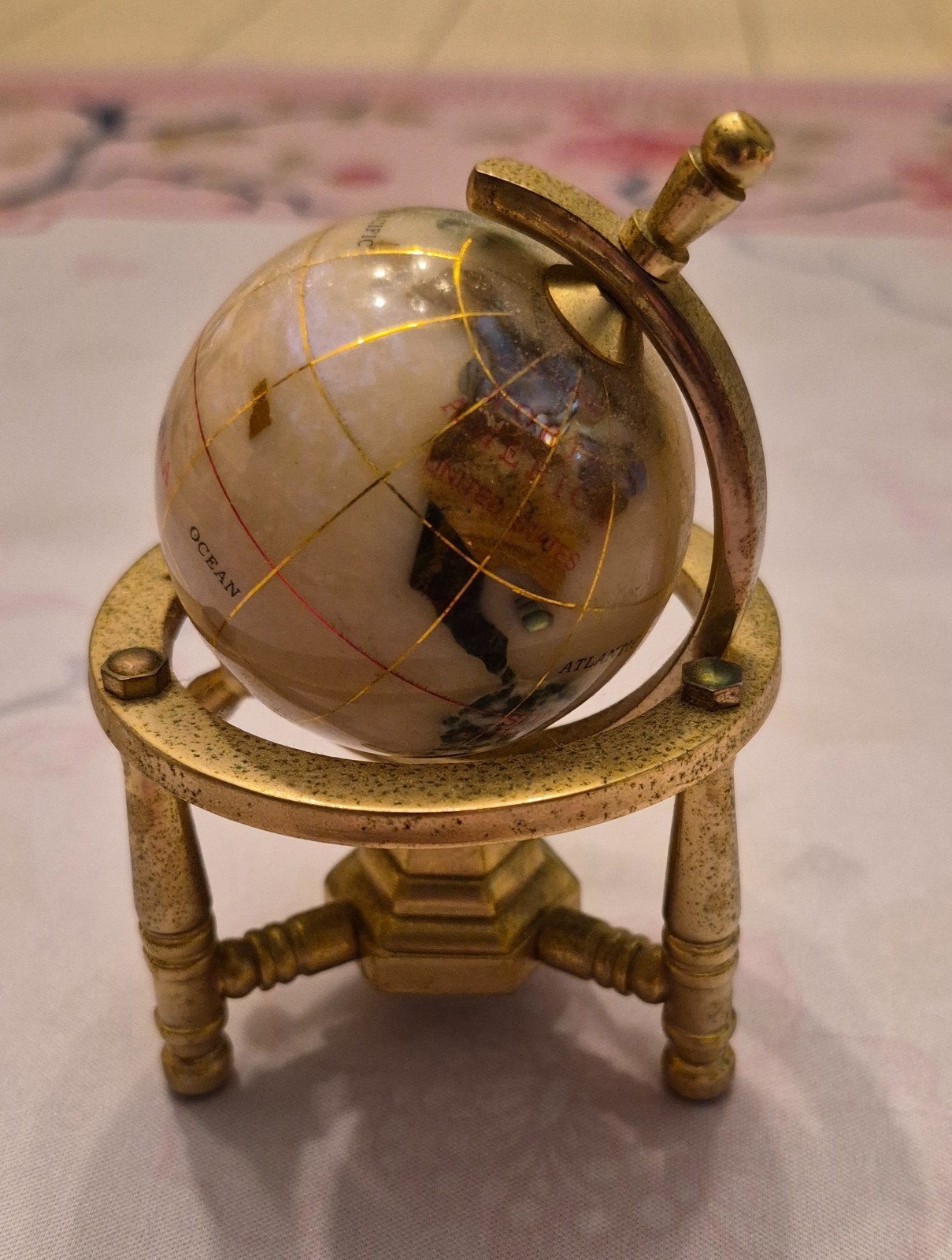 Semi-Precious Gemstone 2 1/ Inch Rotating World Globe Map Ocean Brass Base