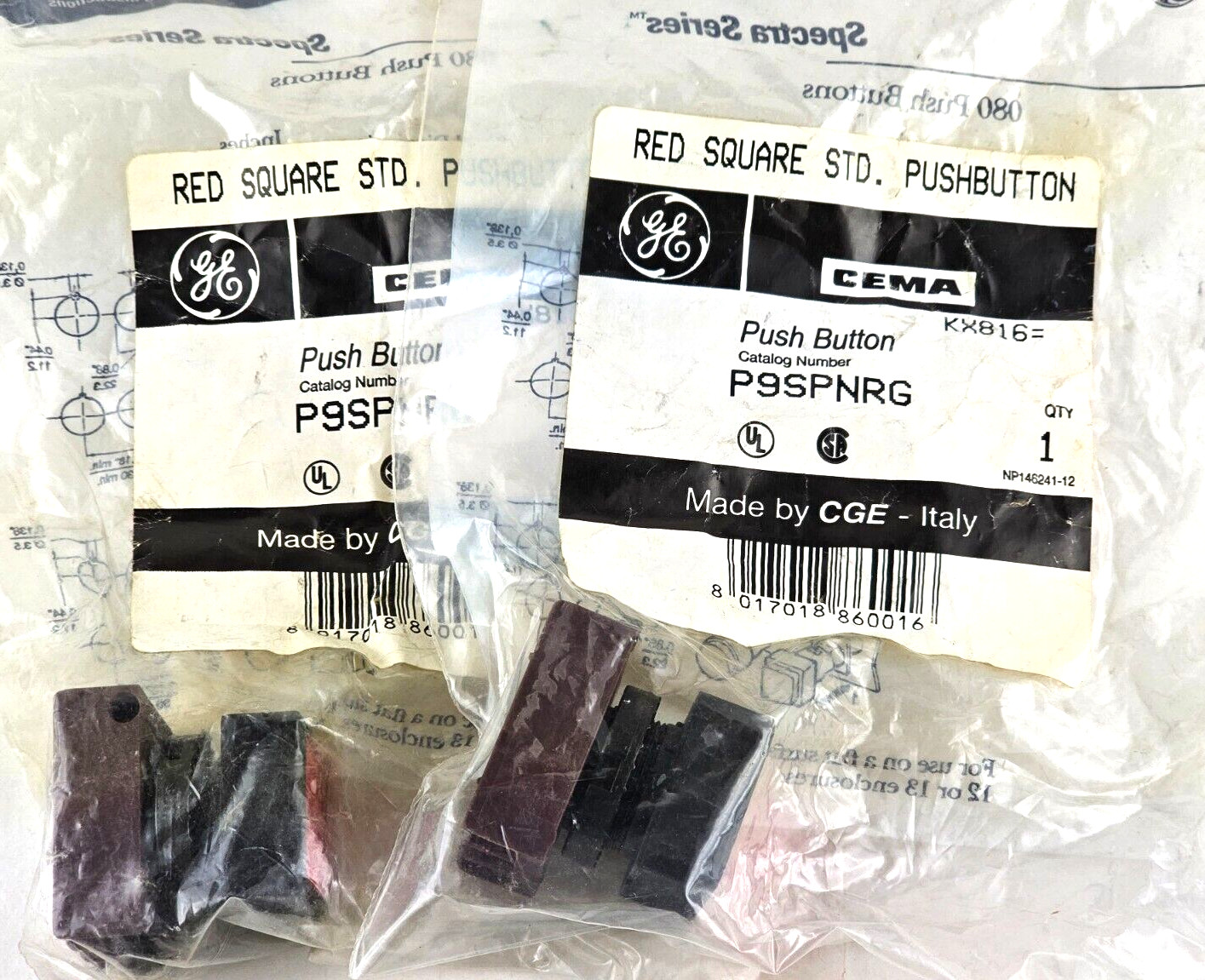 GE General Electric P9SPNRG Red Square Flush Pushbutton, Momentary, Lot of 2 NEW