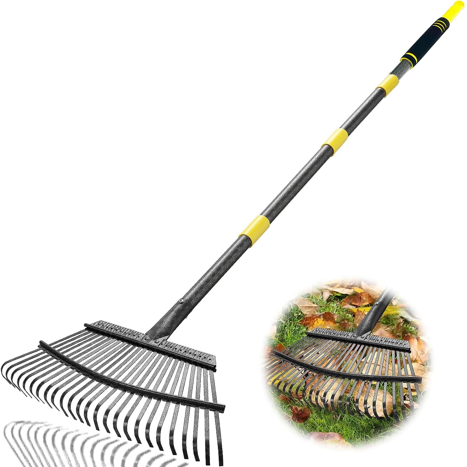 6 FT Garden Leaf Rake Lawns Heavy Duty 25 Metal Tines 18.5 Inch Wide Tool