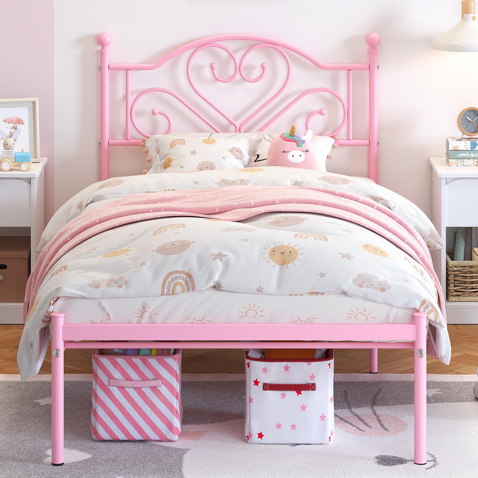 Twin Metal Bed Frame with Headboard, Underbed Storage, Pink