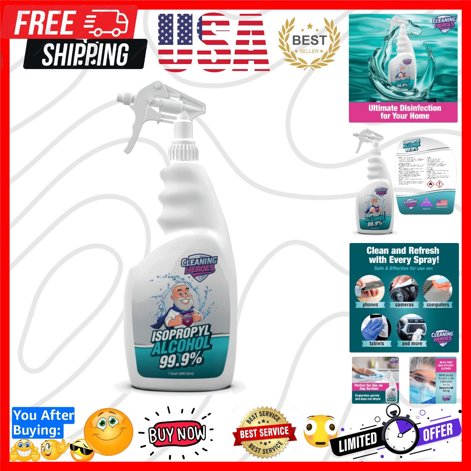99% Isopropyl Alcohol Spray, 32 Fl. Oz - Ultimate Rubbing Alcohol Cleaner for...