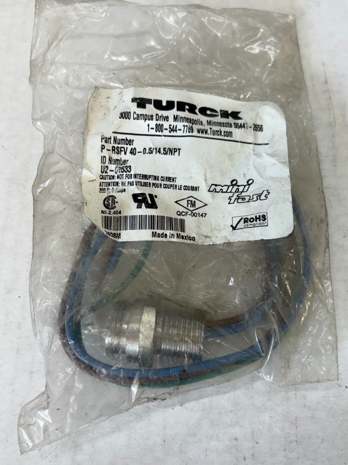(1) NEW NOS TURCK P-RSFV 40-0.5/14.5/NPT MINI FAST U2-02533 CABLE