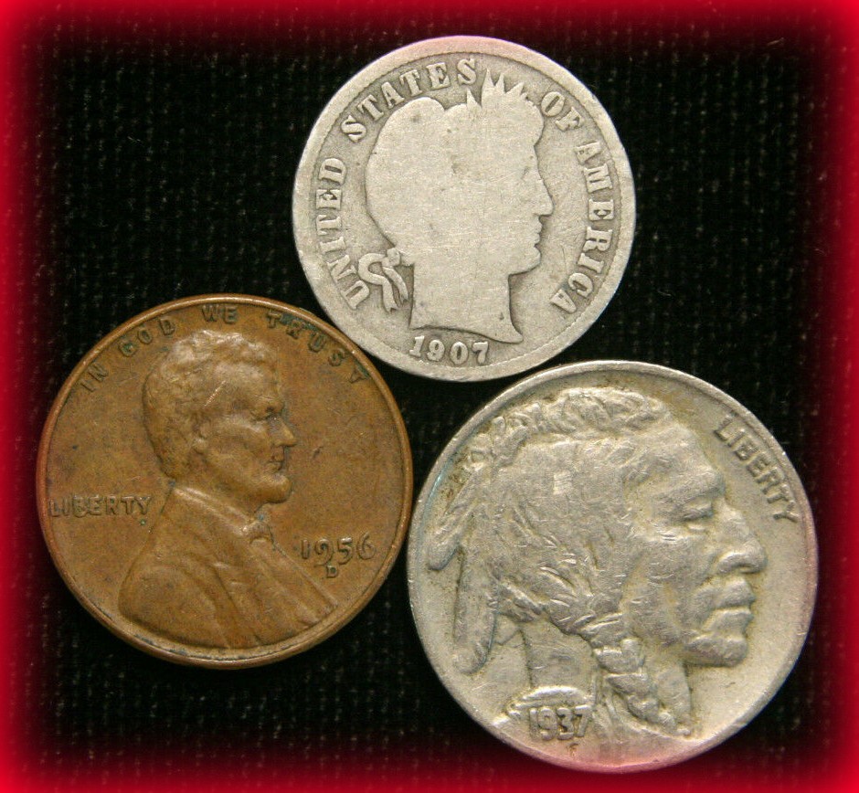 Old US Coin Estate Lot Barber Dime Buffalo Nickel Wheat Cent 3 Coin Set