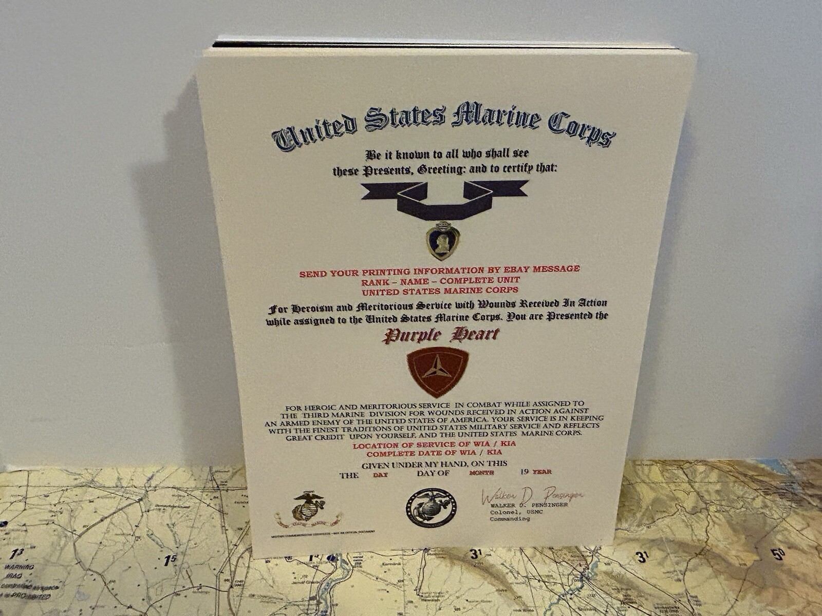 U.S.M.C. / P.H. MEDAL COMMEMORATIVE CERTIFICATE - 3RD MARINE DIVISION