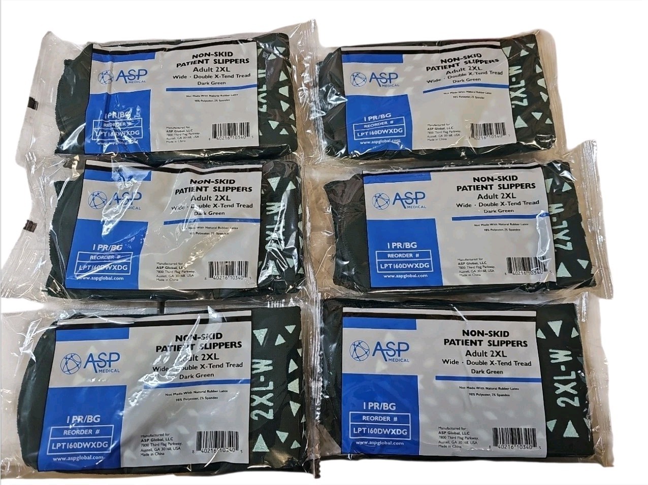 6 Pairs ASP Non-Skid Wide Double X Tread Patient Slipper Socks ADULT 2XL Green