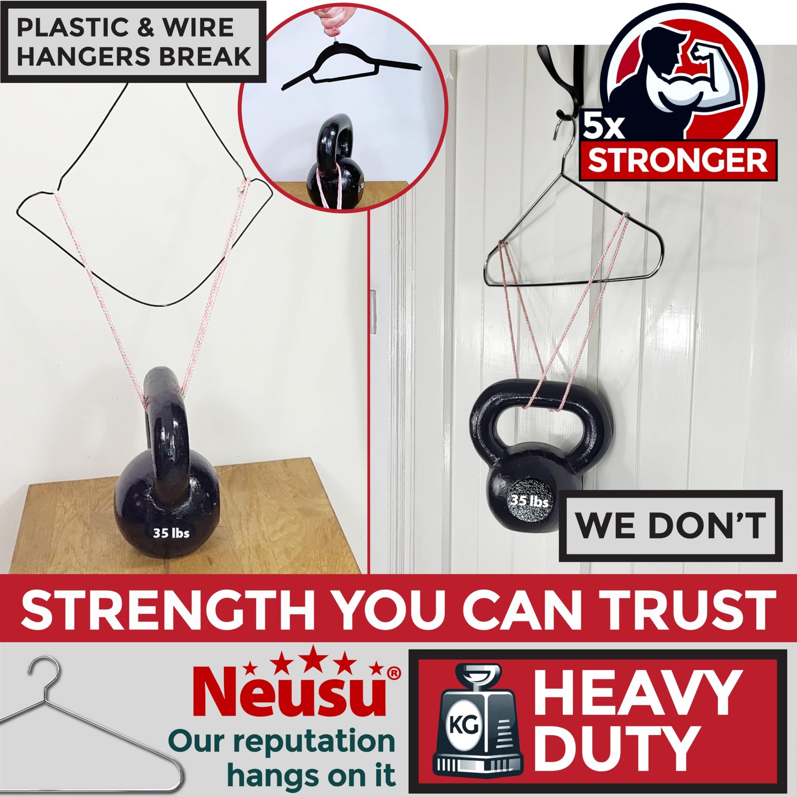 Neusu Heavy Duty Hangers - 5mm Solid Metal, Hold Over 35 Lbs, Extra Strong Co...