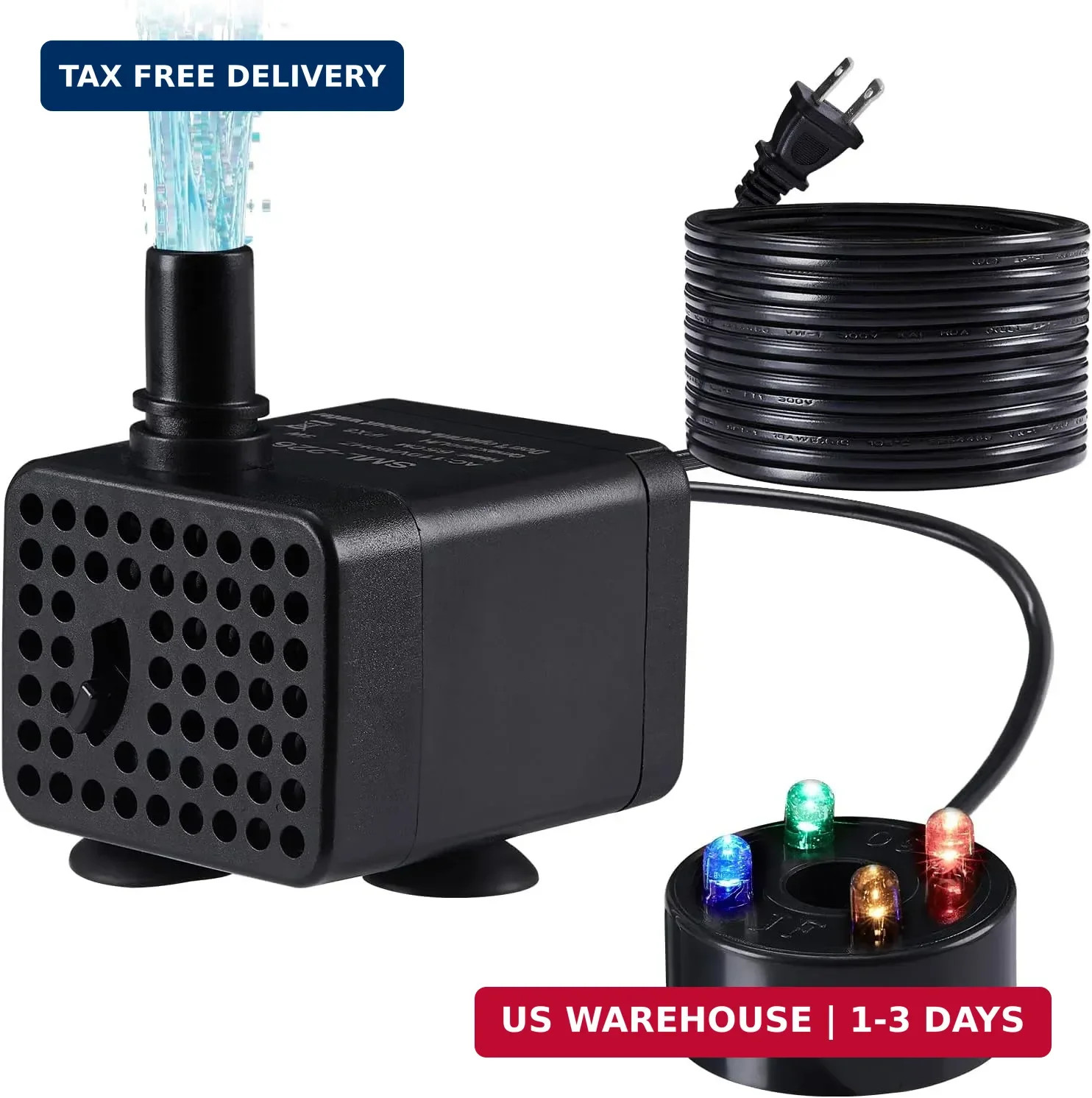 70GPH Mini Submersible Fountain Pump with LED Lights(260L/H, 3W), Ultra Quiet Aq