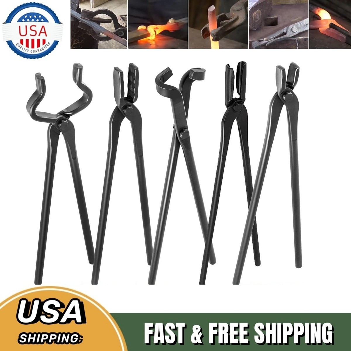 5 PIECE TONGS KIT INCLUDES FLAT, SQUARE JAW, BOLT, BLADE, WOLF JAW TONGS