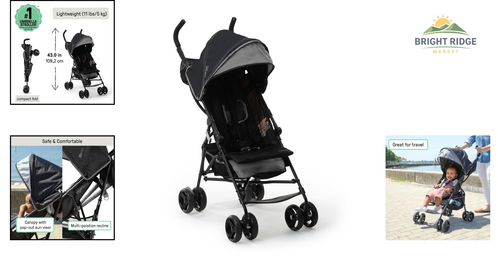 Lightweight Compact Umbrella Stroller with Multi-Position Recline & Canopy