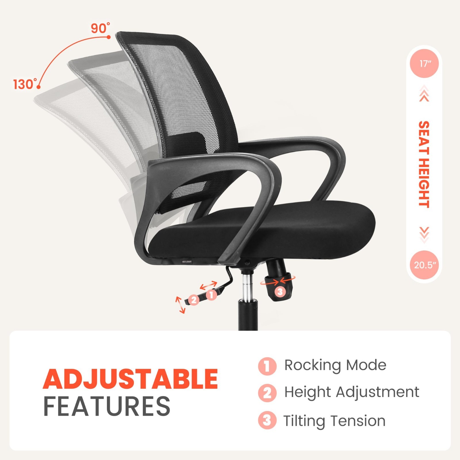 Ergonomic Mesh Office Chair with Lumbar Support, Adjustable Height, Rolling Whee