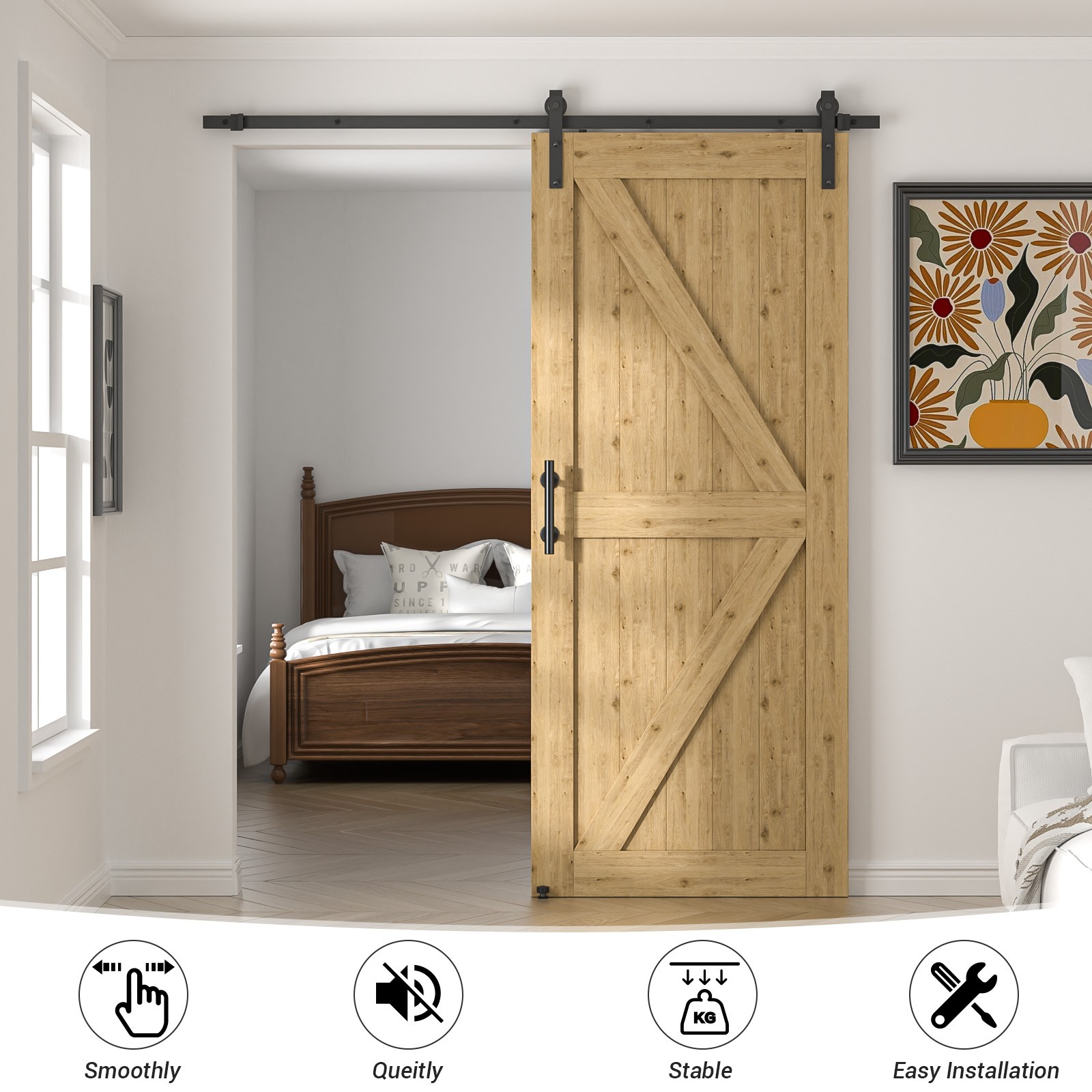 6/6.6FT Sliding barn door hardware kit & 9.5''Handle, Adjustable floor guide