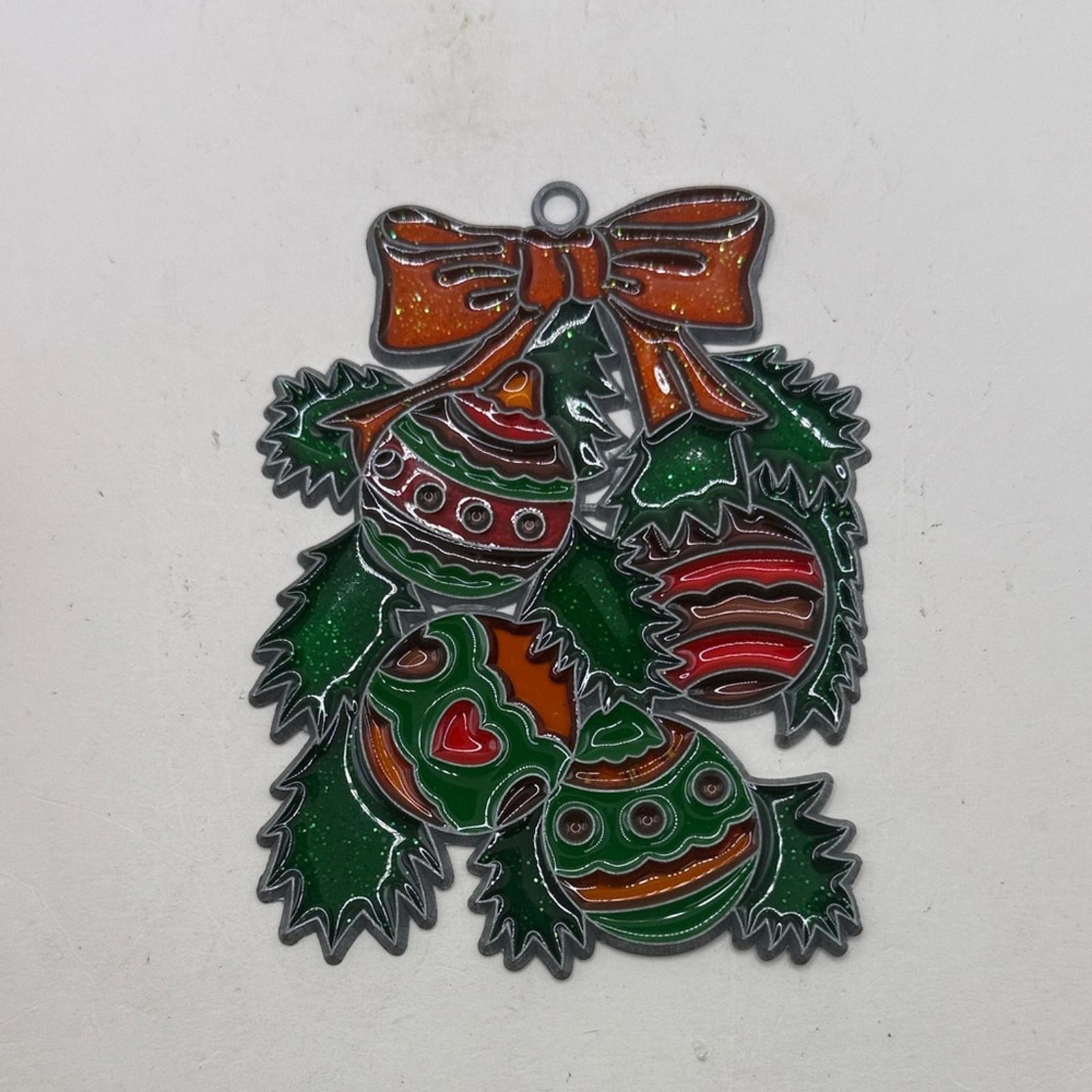 Vintage Faux Stained Glass Painted Christmas Decor Wall Hanging Ornament Red