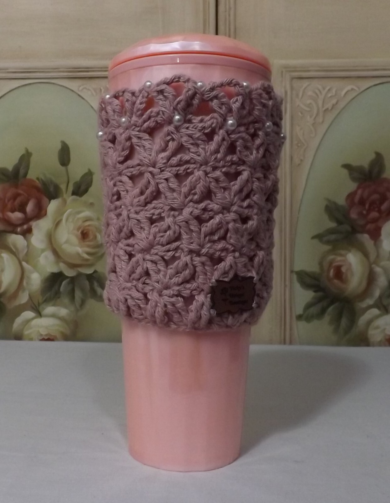 #8257 PRETTY! NEW HAND CROCHETED CUP COZY EMBELLISHED WITH FAUX PEARLS!