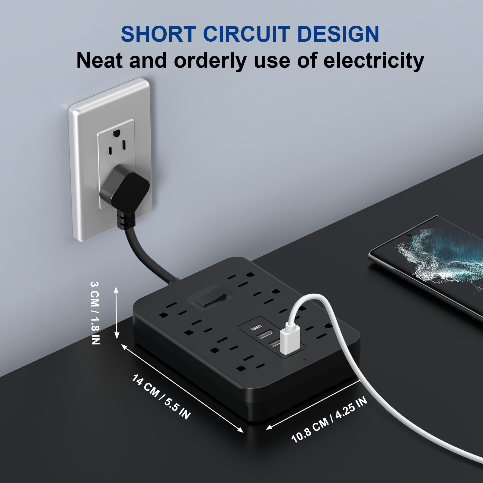 US Surge Protector Power Strip 8 AC Outlets USB Ports Type C Plug Wall Mountable