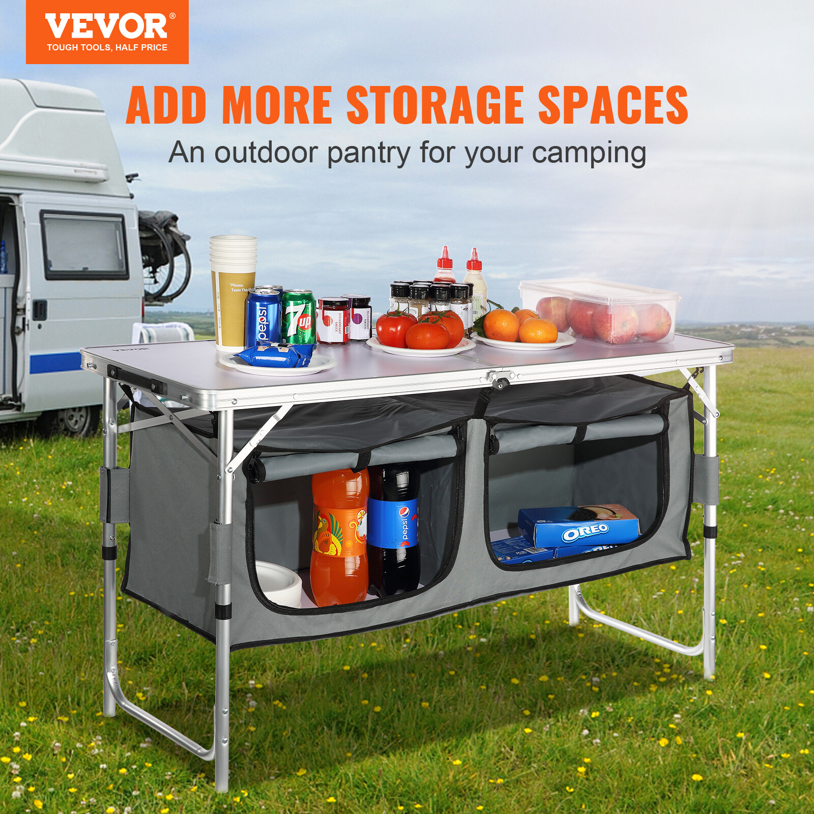 Camping Kitchen Table Folding Portable Cook Station 3 Adjustable Heights