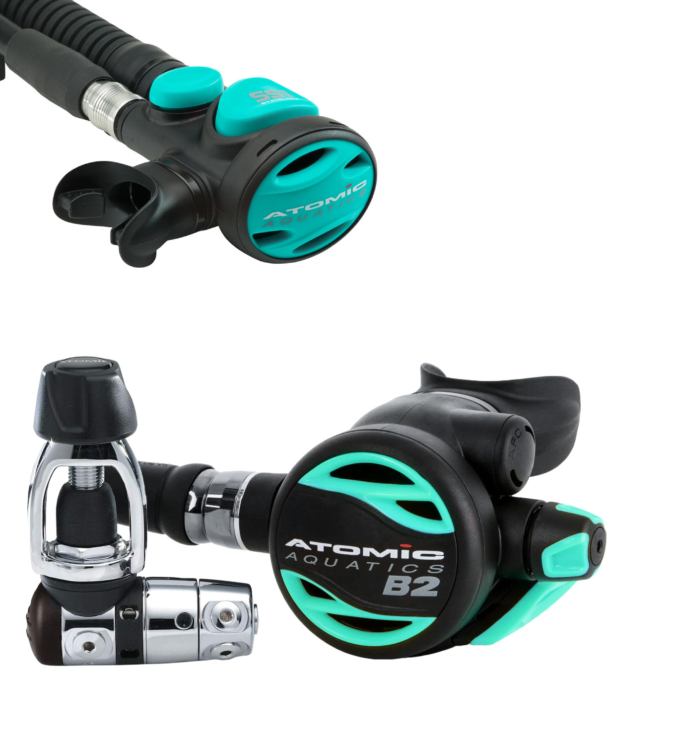Atomic Aquatics B2 Regulator Yoke Sealed with SS1 Safe Second Stainless Aqua