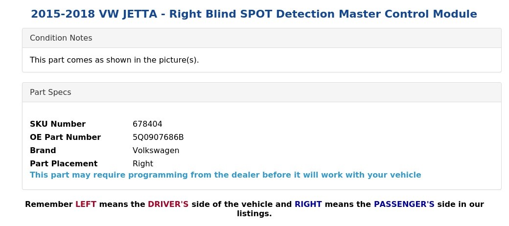 2015-2018 VW JETTA - Right Blind SPOT Detection Master Control Module