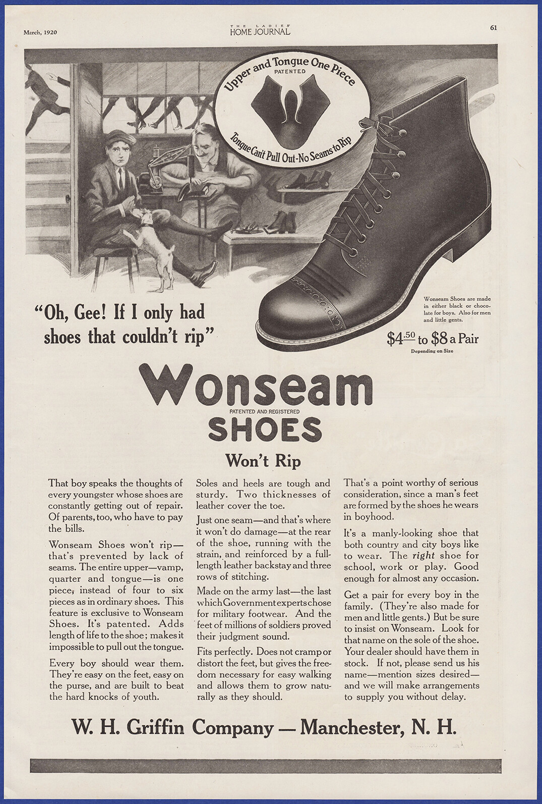 Vintage 1920 WONSEAM Shoes Boys Men's Footwear Fashion Ephemera Print Ad